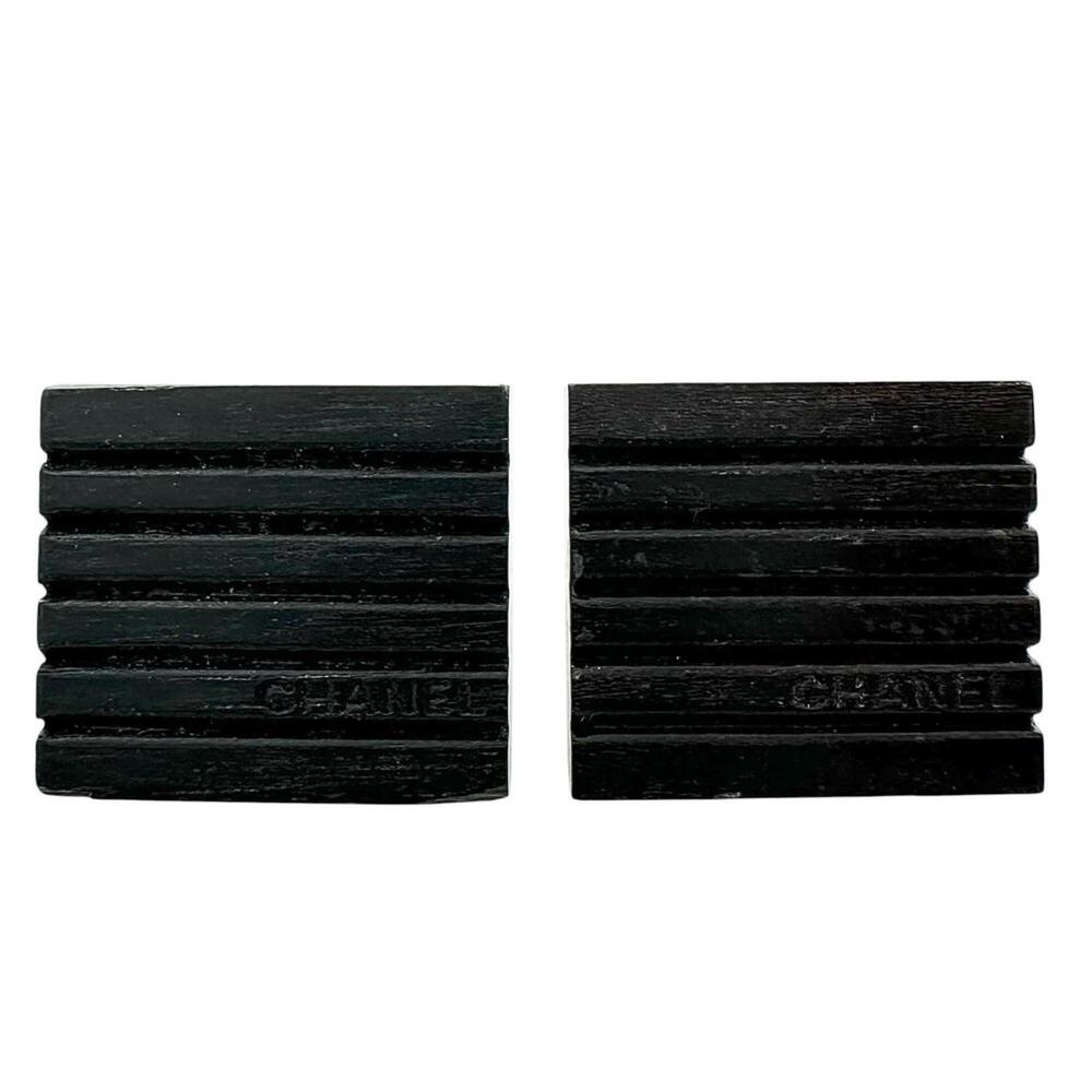 CHANEL Square Wood Earrings, Black, Women's